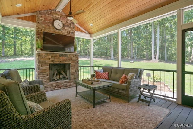 2432 Gammons Creek Dr, Maidens, VA 23102 - sunroom with ceiling fan and an outdoor living space with a fireplace
