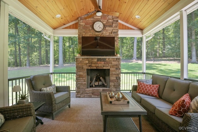 2432 Gammons Creek Dr, Maidens, VA 23102 - sunroom with an outdoor living space with a fireplace, lofted ceiling, and healthy amount of natural light