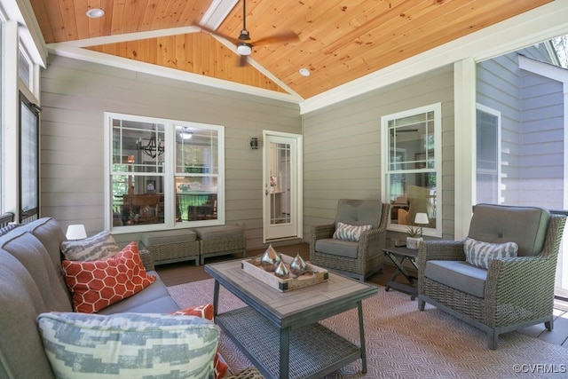 2432 Gammons Creek Dr, Maidens, VA 23102 - sunroom / solarium with vaulted ceiling, an outdoor living space, and a ceiling fan