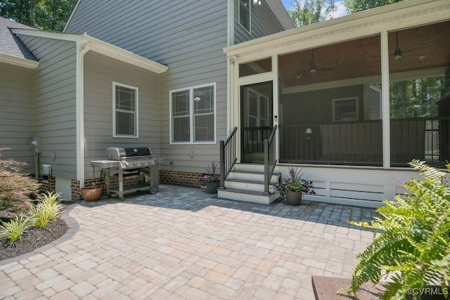 2432 Gammons Creek Dr, Maidens, VA 23102 - view of patio featuring a sunroom, a grill, a ceiling fan, and entry steps
