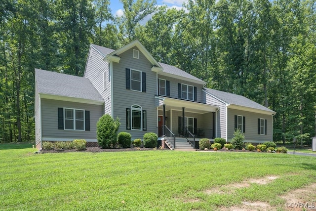 2432 Gammons Creek Dr, Maidens, VA 23102 - colonial inspired home featuring a porch, a front yard, and a shingled roof