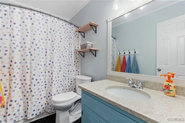 2708 Pineridge Ln, Powhatan, VA 23139 - full bathroom featuring crown molding, vanity, and a shower with curtain