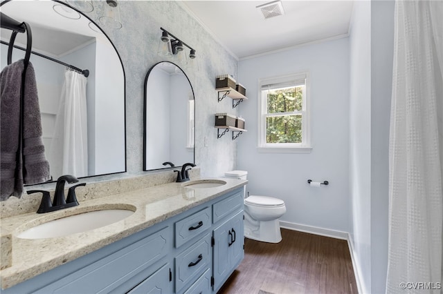 2708 Pineridge Ln, Powhatan, VA 23139 - full bathroom featuring double vanity, crown molding, wood finished floors, and a shower with shower curtain