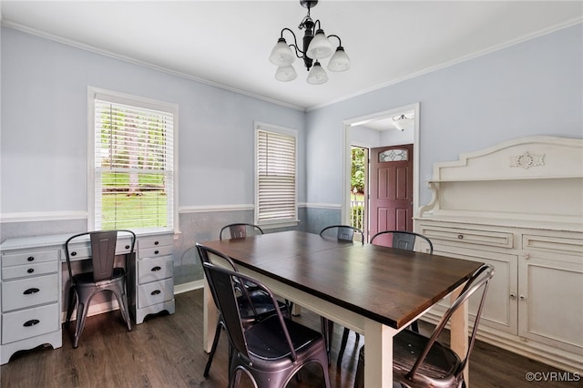 2708 Pineridge Ln, Powhatan, VA 23139 - dining area featuring a chandelier, dark wood-style floors, crown molding, a wainscoted wall, and a desk