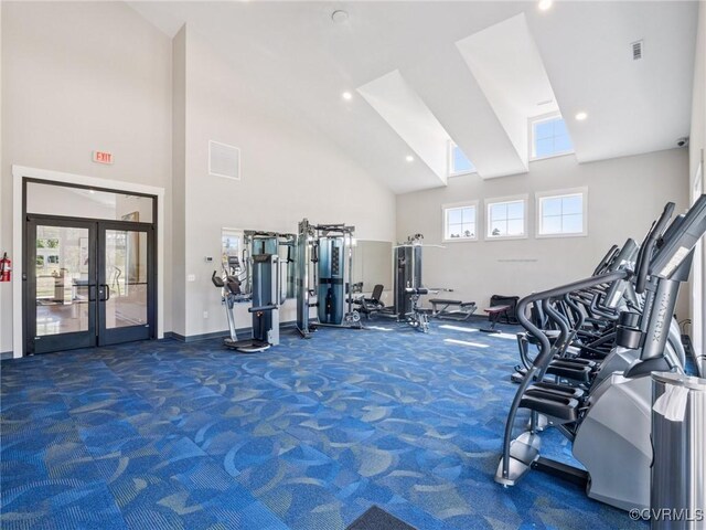 6013 Banyan Ln, Chesterfield, VA 23234 - gym with carpet flooring, high vaulted ceiling, french doors, and healthy amount of natural light