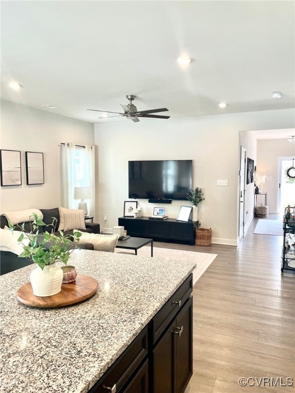 10904 Genito Square Dr, Chesterfield, VA 23112 - kitchen featuring a ceiling fan, light wood finished floors, open floor plan, light stone counters, and recessed lighting