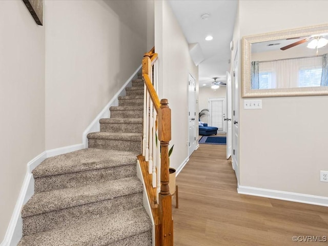 17318 Library Blvd, Ruther Glen, VA 22546 - stairs with a ceiling fan, wood finished floors, and recessed lighting
