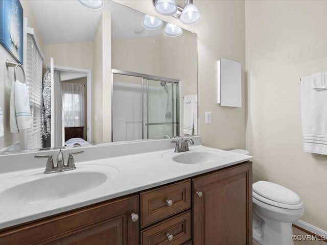 17318 Library Blvd, Ruther Glen, VA 22546 - full bathroom featuring a shower stall, double vanity, and lofted ceiling