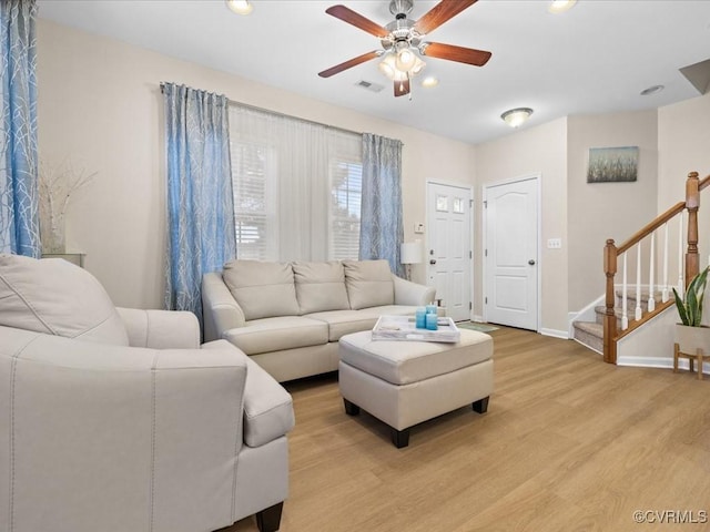 17318 Library Blvd, Ruther Glen, VA 22546 - living area with light wood-type flooring, a ceiling fan, stairway, and recessed lighting