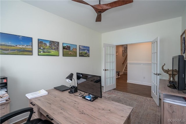 6448 Twin Falls Ter, Moseley, VA 23120 - office area featuring french doors, wood finished floors, and a ceiling fan