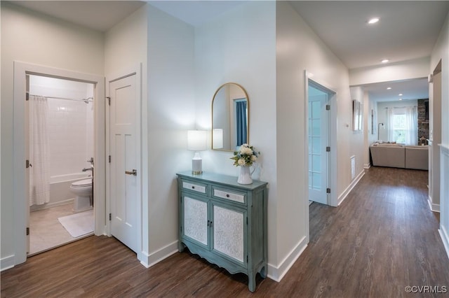 6448 Twin Falls Ter, Moseley, VA 23120 - hallway featuring dark wood-type flooring and recessed lighting