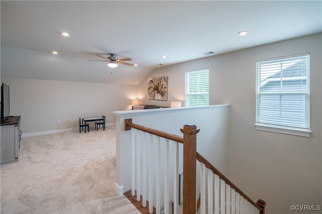 6448 Twin Falls Ter, Moseley, VA 23120 - corridor with an upstairs landing, light carpet, lofted ceiling, and recessed lighting
