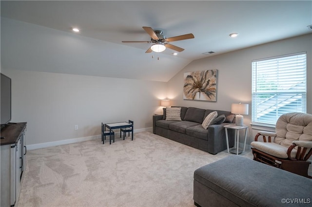 6448 Twin Falls Ter, Moseley, VA 23120 - living area featuring vaulted ceiling, ceiling fan, light carpet, and recessed lighting