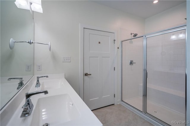 6448 Twin Falls Ter, Moseley, VA 23120 - full bathroom featuring a stall shower, tile patterned floors, double vanity, and recessed lighting