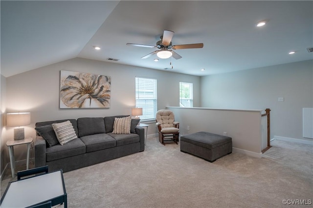 6448 Twin Falls Ter, Moseley, VA 23120 - living room featuring ceiling fan, recessed lighting, carpet flooring, and lofted ceiling