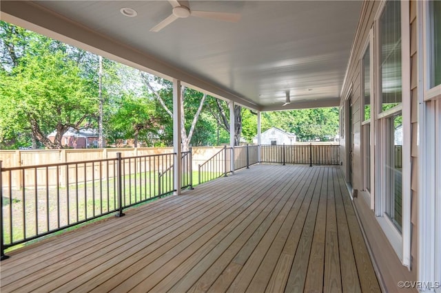 4705 Fitzhugh Ave, Richmond, VA 23230 - wooden terrace with a ceiling fan and a fenced backyard