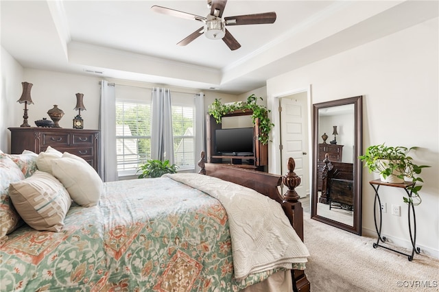 7828 Vermeil St, North Chesterfield, VA 23237 - bedroom featuring ornamental molding, a raised ceiling, light carpet, and a ceiling fan