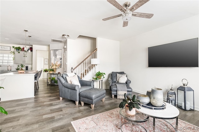 7828 Vermeil St, North Chesterfield, VA 23237 - living room with a ceiling fan, wood finished floors, and stairway
