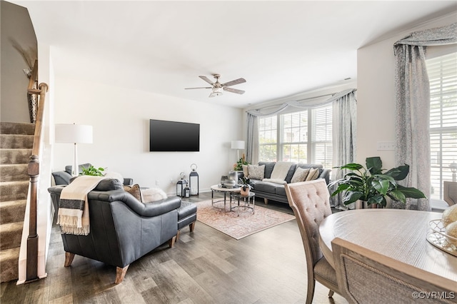 7828 Vermeil St, North Chesterfield, VA 23237 - living area with wood finished floors, stairs, and ceiling fan
