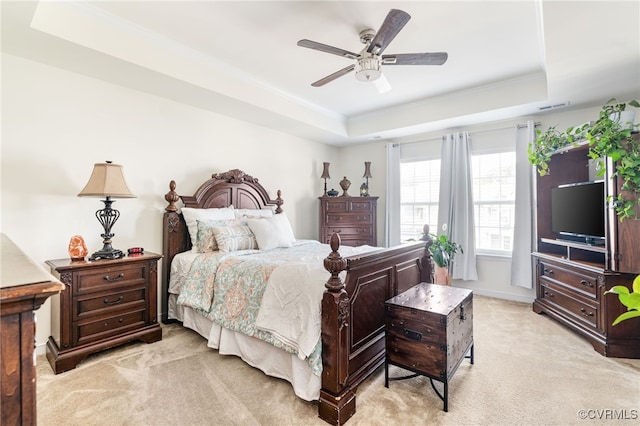 7828 Vermeil St, North Chesterfield, VA 23237 - bedroom with a raised ceiling, light carpet, ornamental molding, and a ceiling fan