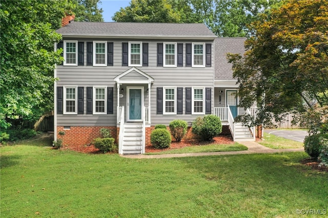7707 Northern Dancer Ct, Midlothian, VA 23112 - colonial home with a chimney, a front yard, roof with shingles, and crawl space