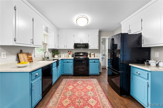 7707 Northern Dancer Ct, Midlothian, VA 23112 - kitchen with black appliances, blue cabinets, dark wood finished floors, and white cabinets