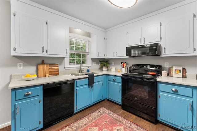 7707 Northern Dancer Ct, Midlothian, VA 23112 - kitchen featuring black appliances, dark wood-type flooring, blue cabinets, and light countertops