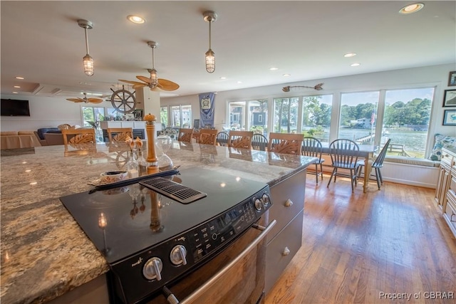 11 Franklin St, Deltaville, VA 23043 - kitchen with stainless steel electric stove, open floor plan, hanging light fixtures, wood finished floors, and recessed lighting