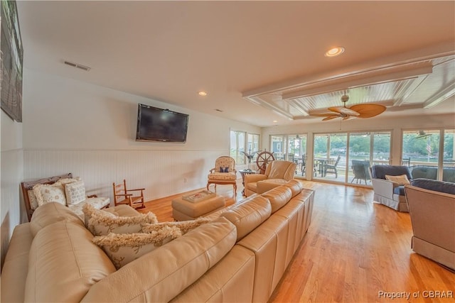 11 Franklin St, Deltaville, VA 23043 - living area with a wainscoted wall, light wood-style floors, recessed lighting, and ceiling fan