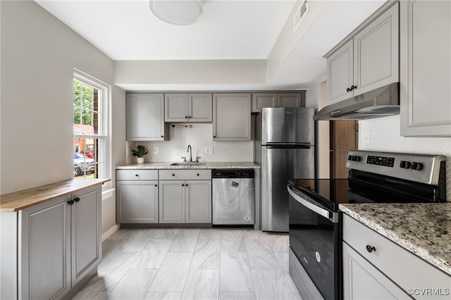 1553 United Ct, Henrico, VA 23238 - kitchen with stainless steel appliances, under cabinet range hood, gray cabinetry, and backsplash
