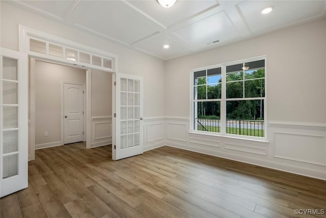 8124 Clancy Ct, Chesterfield, VA 23838 - spare room featuring french doors, coffered ceiling, wood finished floors, wainscoting, and recessed lighting