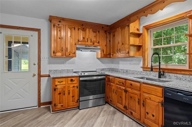 2001 Hicks Rd, North Chesterfield, VA 23235 - kitchen with stainless steel range with electric stovetop, black dishwasher, under cabinet range hood, and brown cabinets
