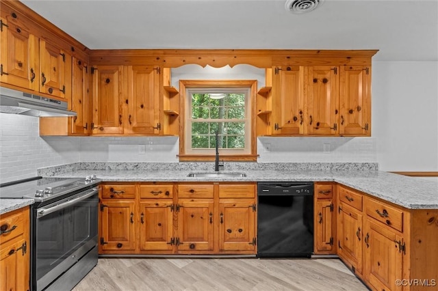 2001 Hicks Rd, North Chesterfield, VA 23235 - kitchen featuring dishwasher, electric range, under cabinet range hood, open shelves, and decorative backsplash