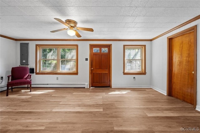 2001 Hicks Rd, North Chesterfield, VA 23235 - foyer entrance featuring electric panel, ornamental molding, light wood-style flooring, ceiling fan, and baseboard heating