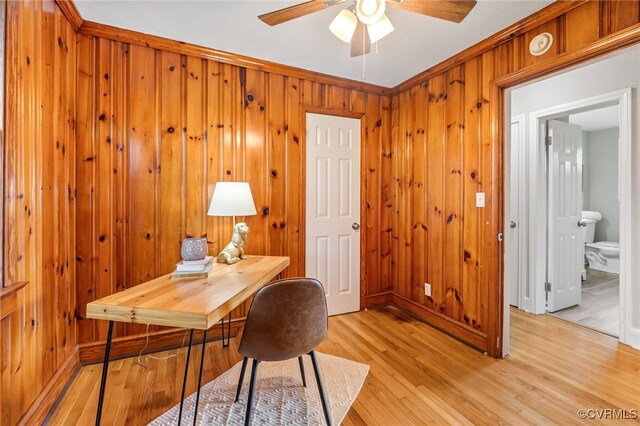 4308 Sunset Dr, North Dinwiddie, VA 23803 - office featuring a ceiling fan, light wood finished floors, and wood walls