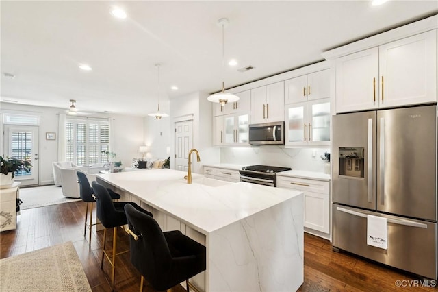 14424 Michaux Village Dr, Midlothian, VA 23113 - kitchen featuring stainless steel appliances, white cabinets, glass insert cabinets, recessed lighting, and dark wood-style floors