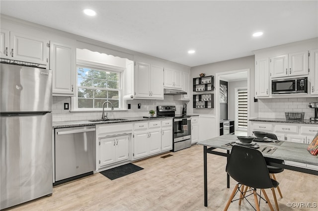 14210 Cherry St, Chester, VA 23831 - kitchen featuring appliances with stainless steel finishes, decorative backsplash, white cabinetry, under cabinet range hood, and dark stone countertops