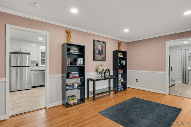 14210 Cherry St, Chester, VA 23831 - office area featuring light wood finished floors, ornamental molding, and recessed lighting