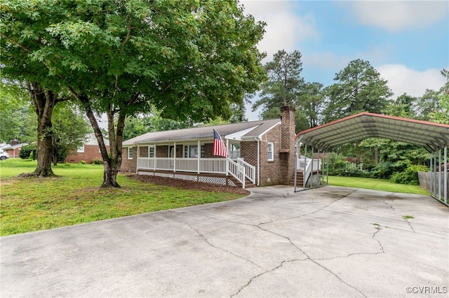 14210 Cherry St, Chester, VA 23831 - ranch-style home with a porch, driveway, a front yard, and a chimney