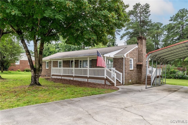 14210 Cherry St, Chester, VA 23831 - ranch-style house with covered porch, a front lawn, brick siding, driveway, and a chimney