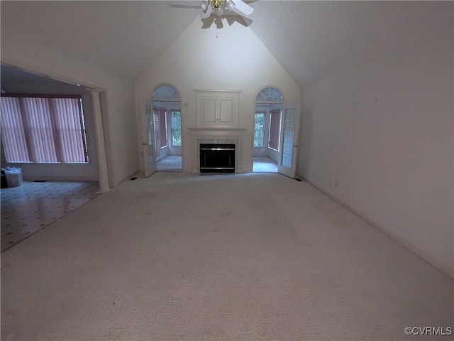 12703 Colby Cove Ct, Chester, VA 23831 - unfurnished living room with light colored carpet, a ceiling fan, a fireplace, and high vaulted ceiling