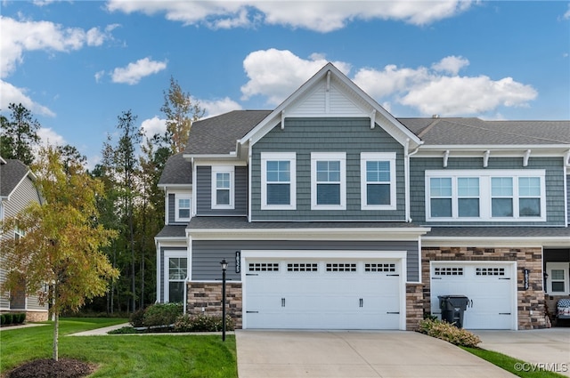 18325 Palisades Ct, Moseley, VA 23120 - craftsman house with concrete driveway, a garage, a front yard, and stone siding