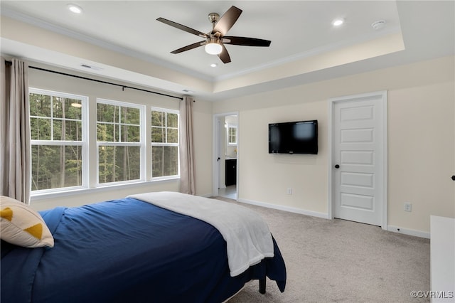 18325 Palisades Ct, Moseley, VA 23120 - bedroom with light carpet, ornamental molding, recessed lighting, a tray ceiling, and a ceiling fan