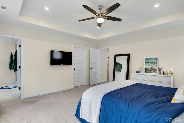 18325 Palisades Ct, Moseley, VA 23120 - bedroom with light colored carpet, crown molding, recessed lighting, a ceiling fan, and ensuite bath