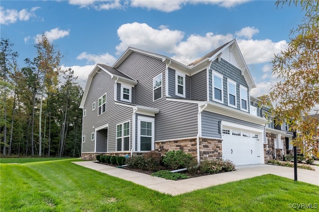 18325 Palisades Ct, Moseley, VA 23120 - view of home's exterior with a garage, a yard, concrete driveway, and stone siding