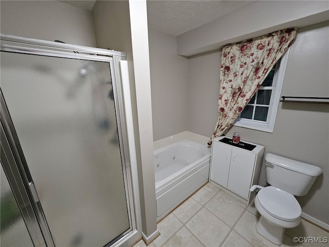 4740 Old Williamsburg Rd, Sandston, VA 23150 - bathroom with a tub with jets, a stall shower, a textured ceiling, and tile patterned flooring