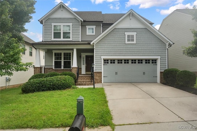 17412 Trevino Pkwy, Moseley, VA 23120 - craftsman-style home featuring concrete driveway, covered porch, brick siding, a front yard, and a shingled roof