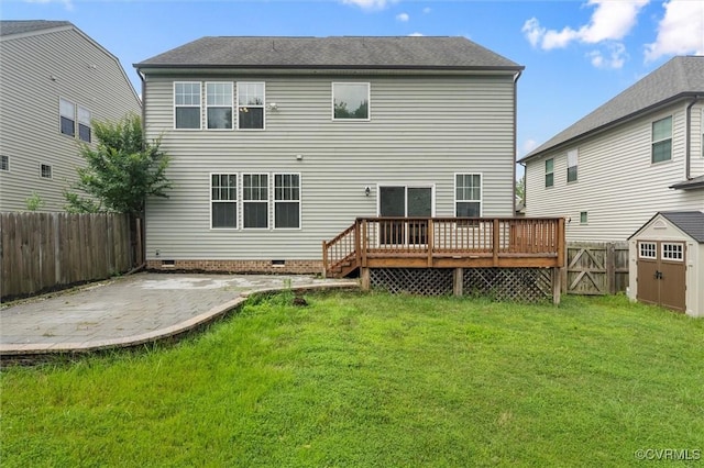 17412 Trevino Pkwy, Moseley, VA 23120 - rear view of property with a patio area, a deck, a fenced backyard, crawl space, and a storage shed