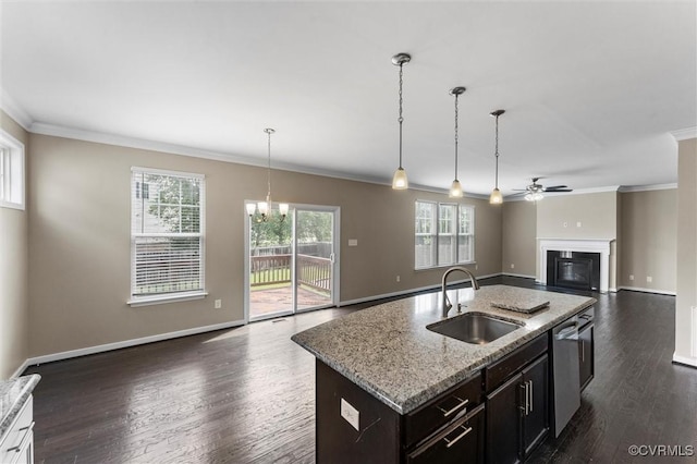 17412 Trevino Pkwy, Moseley, VA 23120 - kitchen with open floor plan, crown molding, dishwasher, ceiling fan, and dark wood-type flooring