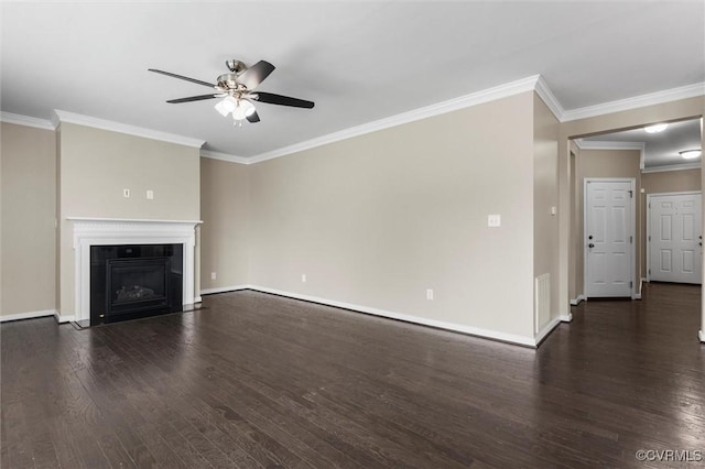 17412 Trevino Pkwy, Moseley, VA 23120 - unfurnished living room featuring ceiling fan, wood finished floors, a fireplace with flush hearth, and crown molding